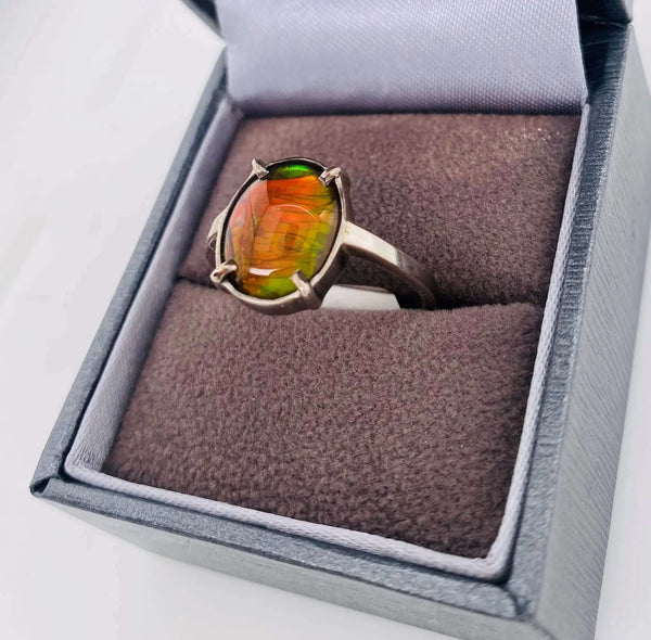 Ammolite Oval Ring Set in Sterling Silver Right View  PN E10583 