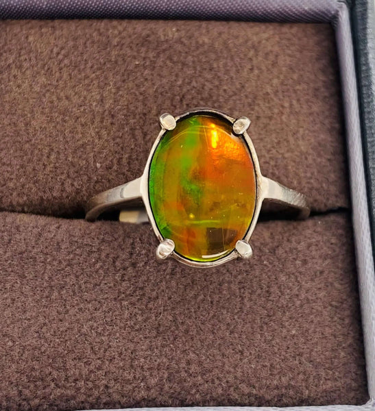 Ammolite Oval Silver Ring with Orange Gemstone Left View PN E00421P 