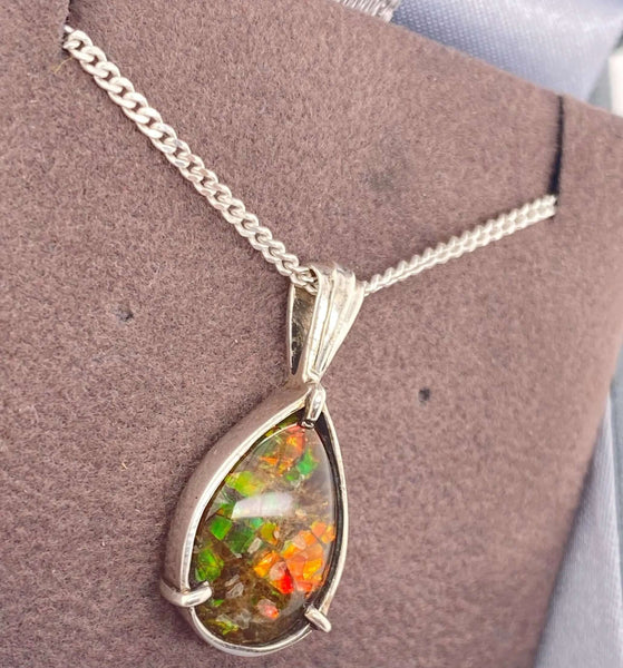 Ammolite Pear Pendant in Sterling Silver Left View PN E10442 