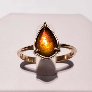Ammolite Petite Pear Ring set in 14K Yellow Gold PN E20014 