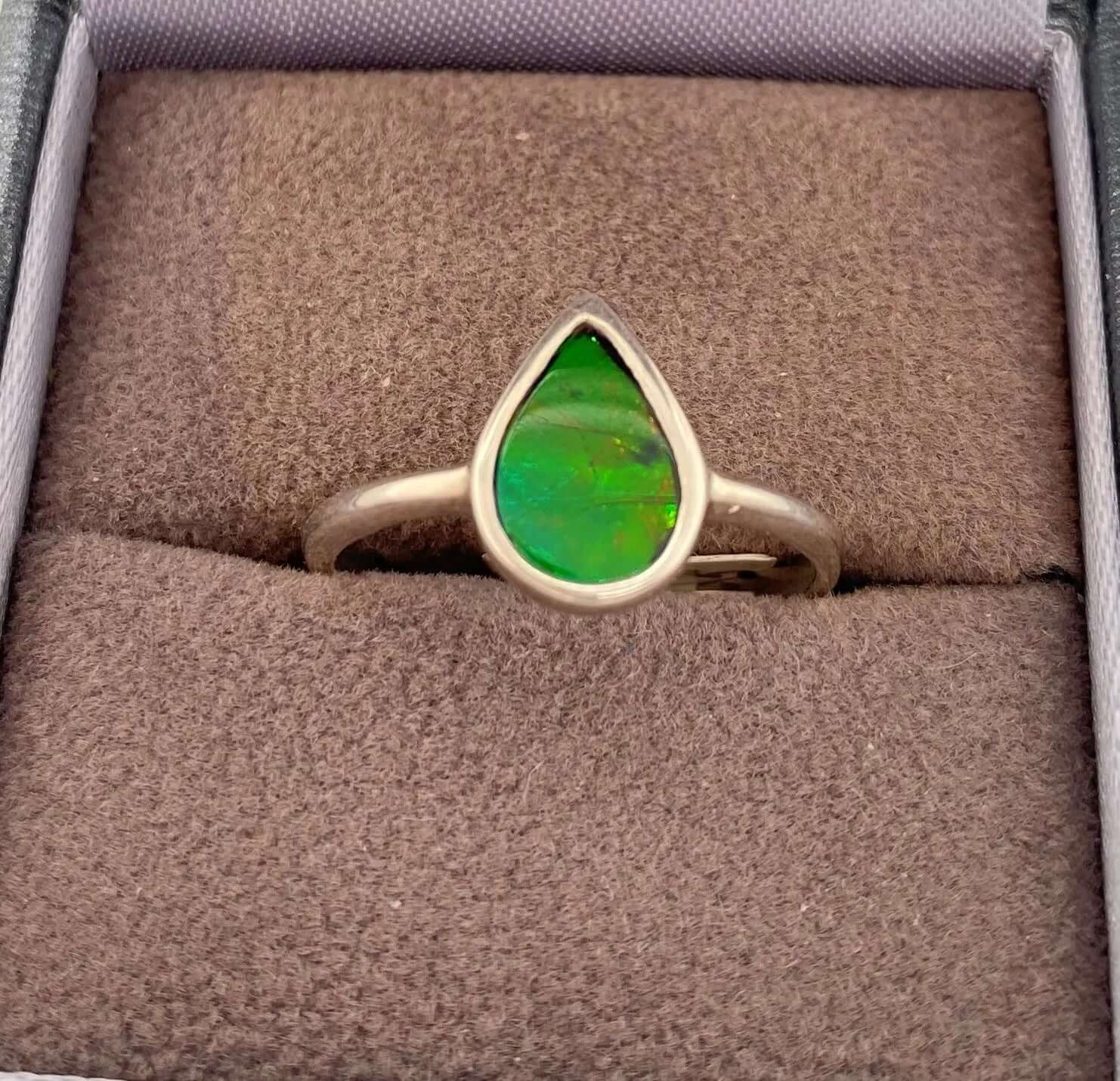 Ammolite Petite Pear Ring set in Silver PN E10663 