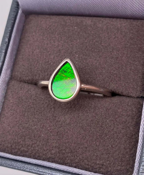 Ammolite Petite Pear Ring set in Silver Right View PN E10663 