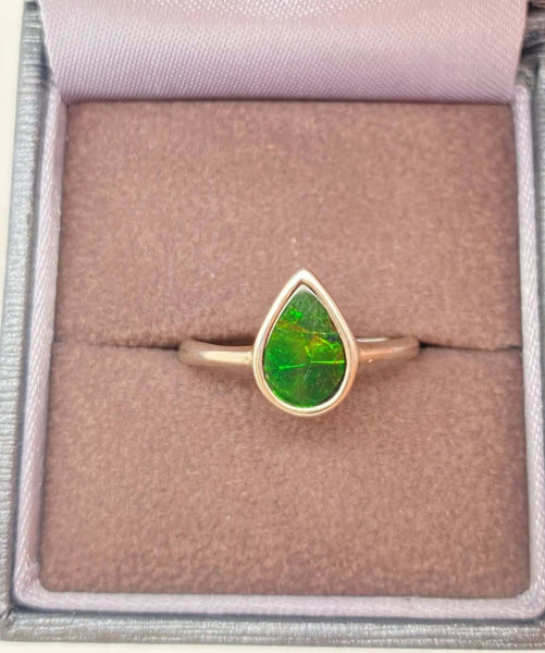 Ammolite Petite Pear Ring set in Silver Top View PN E10663