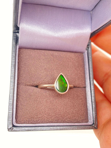 Ammolite Petite Pear Ring set in Silver Left View PN E10663 