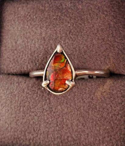 Ammolite Petite Pear Ring set in Silver PN E136RU 