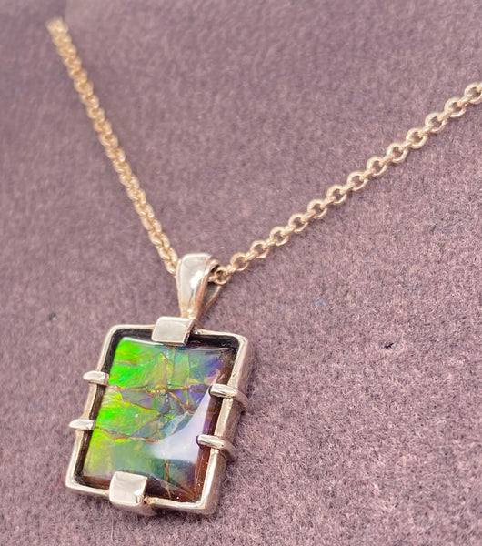 Ammolite Rectangle Silver Pendant Right View PN E20161 