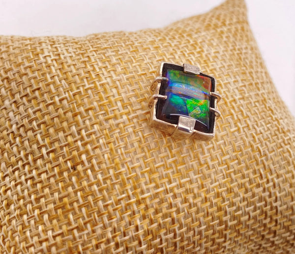 Ammolite Rectangle Silver Pin Left View PN E20452 