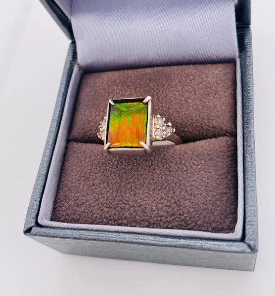 Ammolite Ring With Six White Topaz Accent Stones Set in Silver Right View PN E20484 