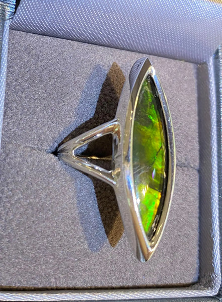 Ammolite Ring with a 8x28mm Marquise Gemstone Left View PN: E20813