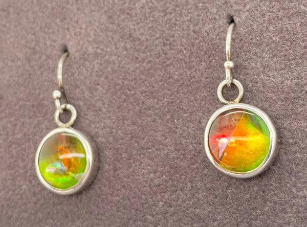 Ammolite Round Dangle Earrings set in Silver PN E10412 %product from Empire Ammolite