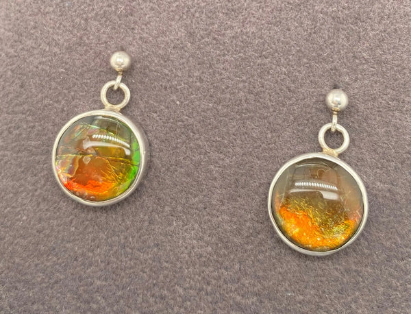 Ammolite Round Earrings with Orange and Green Flash PN. E00424E %product from Empire Ammolite