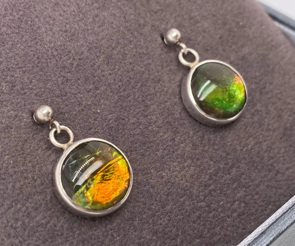 Ammolite Round Earrings with Orange and Green Flash PN. E00424E %product from Empire Ammolite