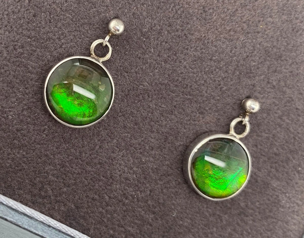 Ammolite Round Earrings with Orange and Green Flash PN. E00424E %product from Empire Ammolite