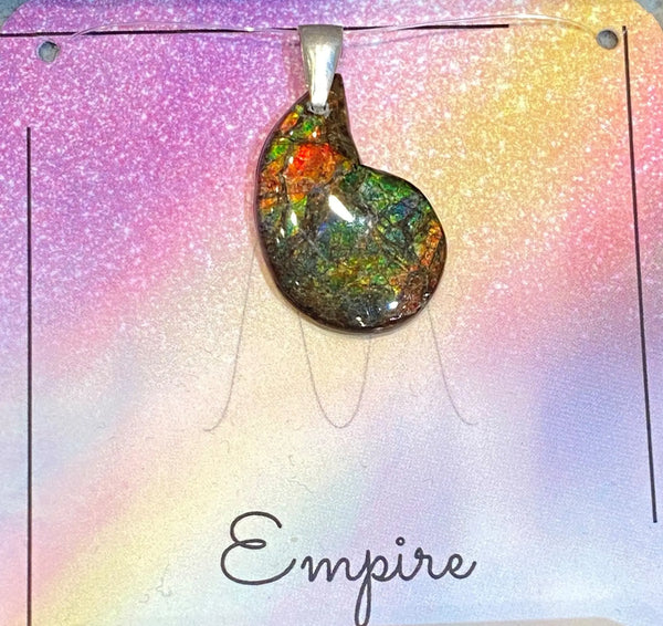 Ammolite Shaped Petite Pendant Set in Silver with a Chain. PN:ES150-BB %product from Empire Ammolite