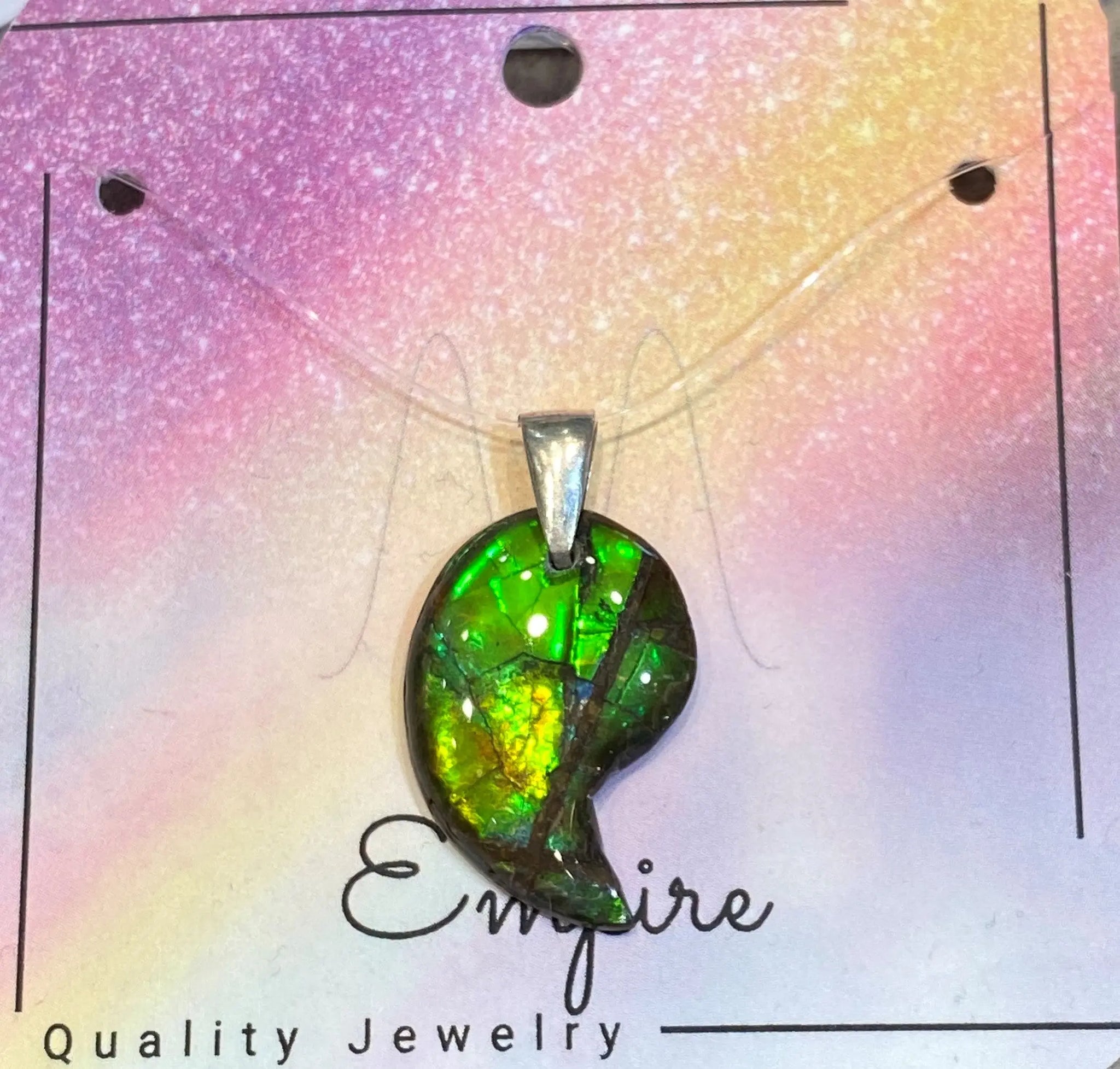 Ammolite Shaped Petite Pendant Set in Silver with a Chain. PN:ES150-BB %product from Empire Ammolite