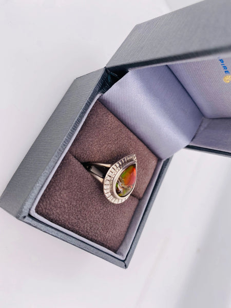 Ammolite Silver Aura Pear Ring Left View PN E004239 