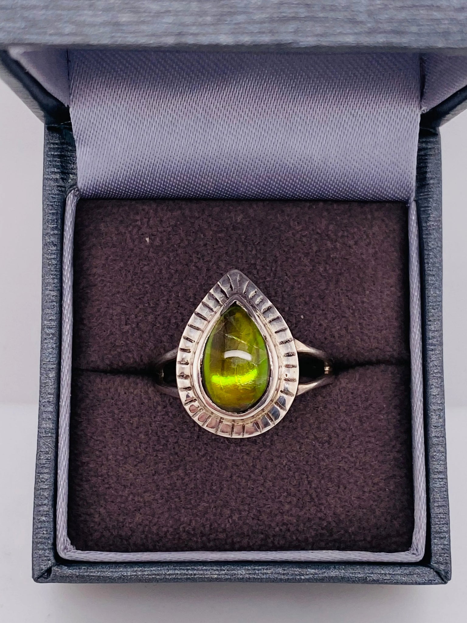 Ammolite Silver Aura Pear Ring PN E00423A 