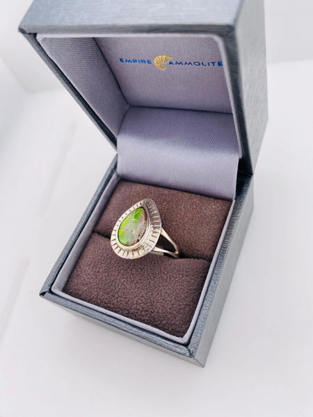 Ammolite Silver Aura Pear Ring Left View PN E00423B