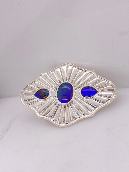 Ammolite Silver Belt Buckle with Three Gemstones Left View PN E21332 