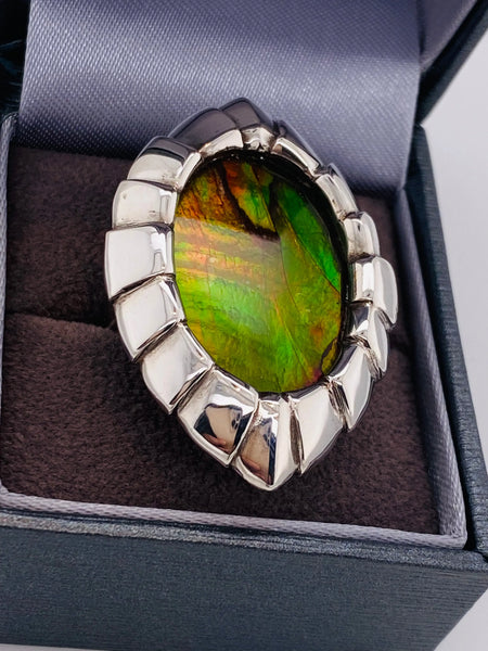 Ammolite Silver Oval Big Ring Lower Side View PN E20334 