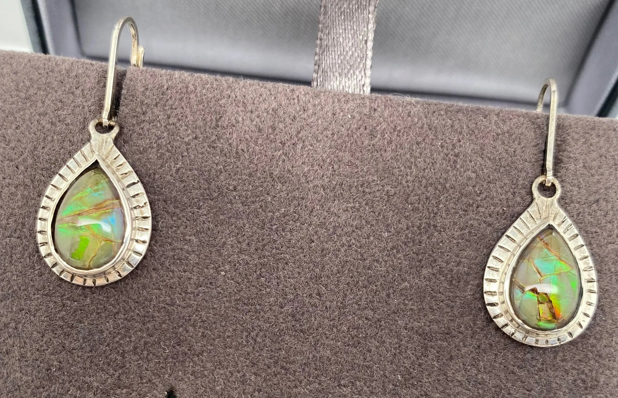 Ammolite Silver Pear Dangle Earrings Right View PN E20303
