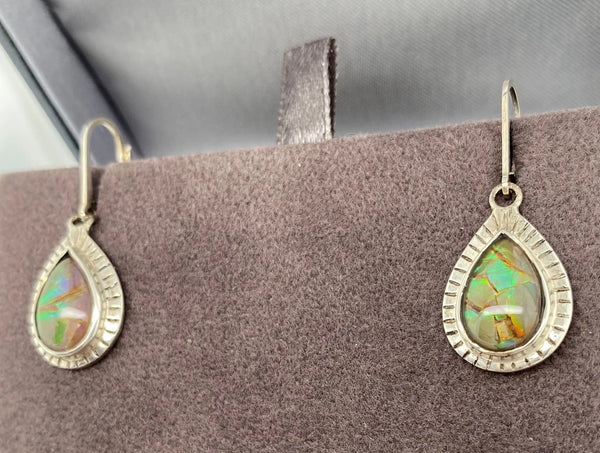 Ammolite Silver Pear Dangle Earrings Left View PN E20303 