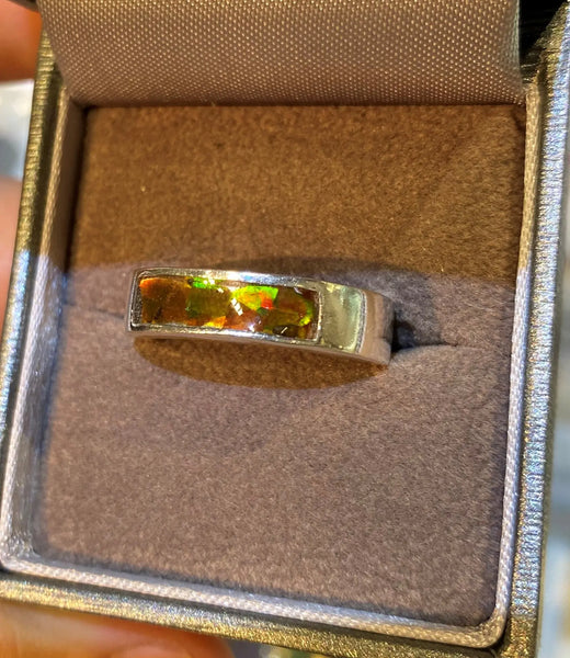 Ammolite Silver Rectangle Mosaic Ring Left View PN AZ017