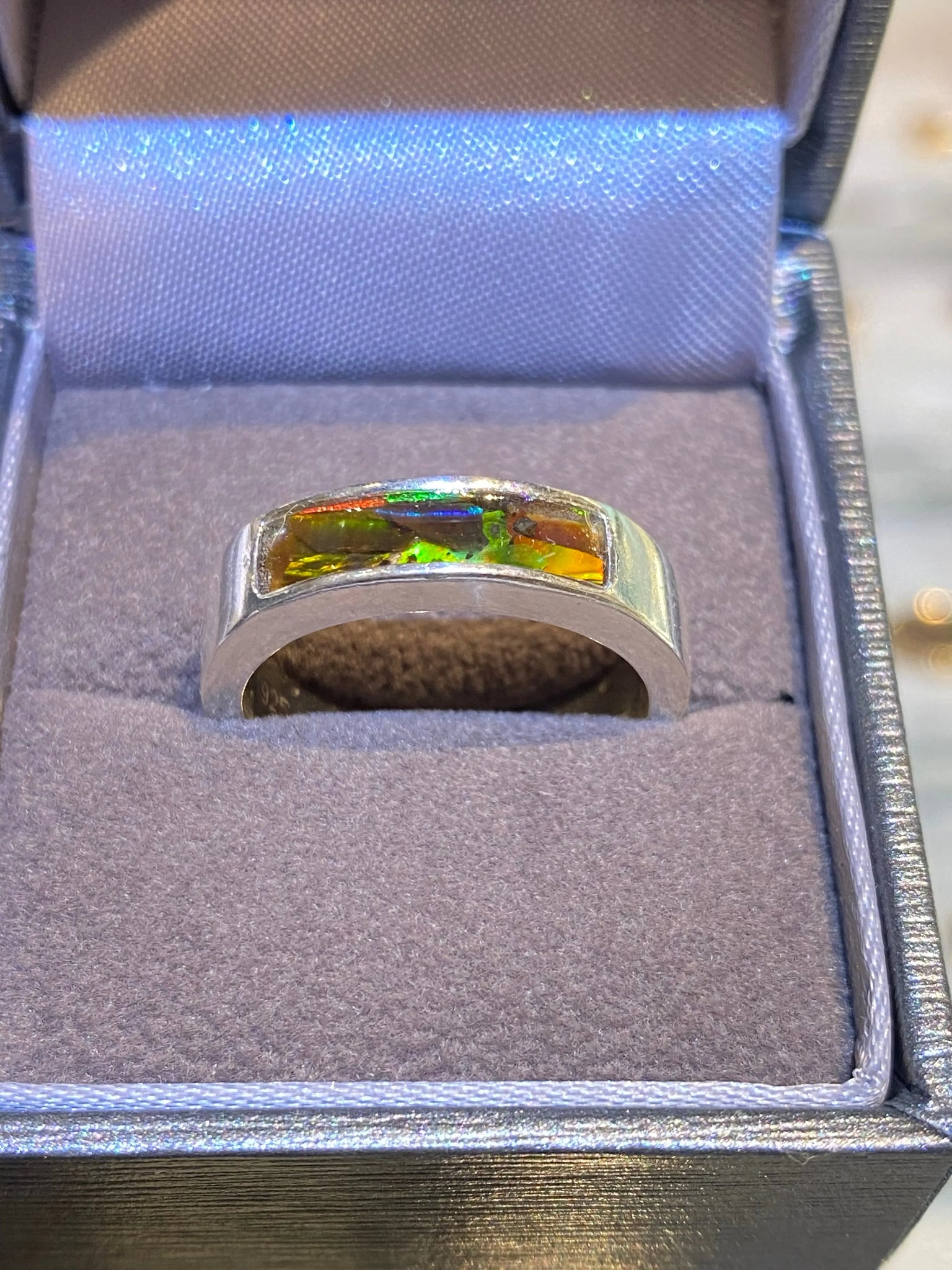 Ammolite Silver Rectangle Mosaic Ring