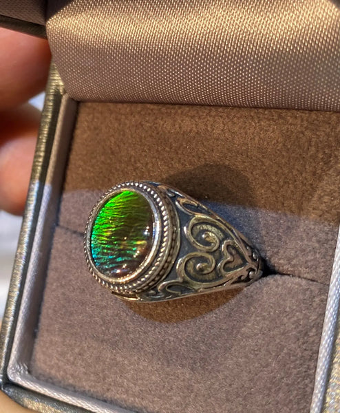 Ammolite Silver Ring with 8X10mm Oval Gemstone Left View PN AZ016 