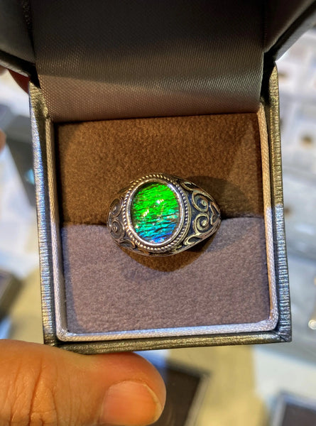 Ammolite Silver Ring with 8X10mm Oval Gemstone 