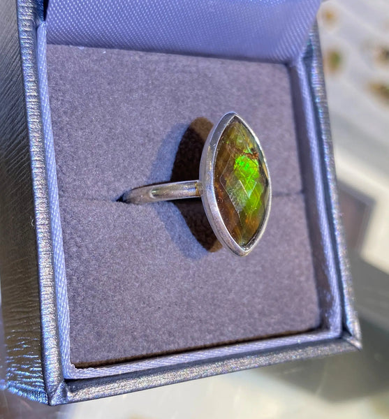 Ammolite Silver Ring with 8x16mm Marquise Gemstone Left View PN AZ010 