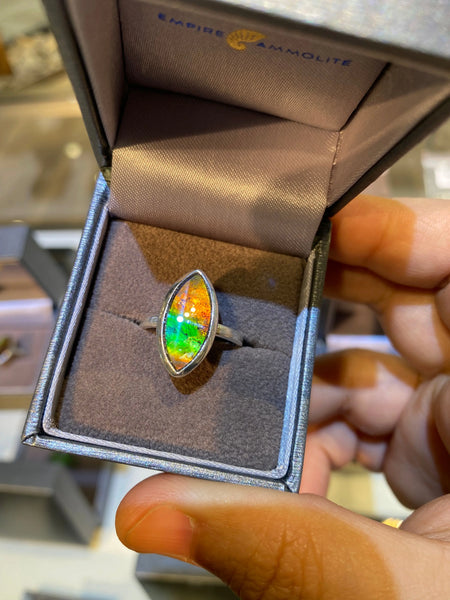 Ammolite Silver Ring with 8x16mm Marquise Gemstone Top VIew PN AZ010 