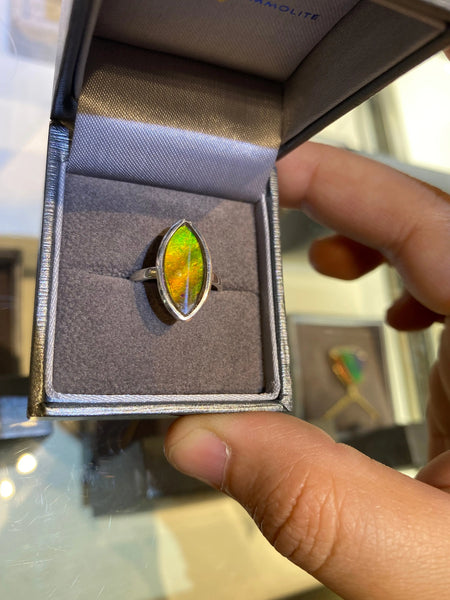 Ammolite Silver Ring with 8x16mm Marquise Gemstone Green and Orange PN AZ010 