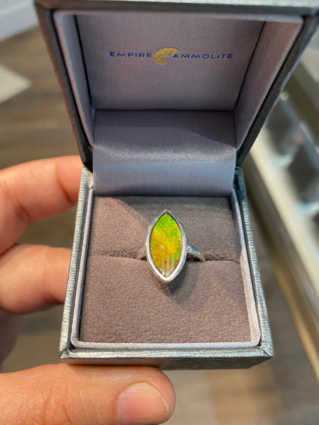 Ammolite Silver Ring with Marquise Gemstone 
