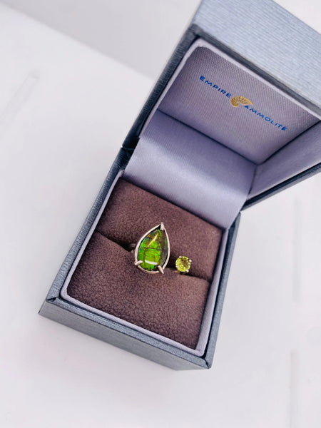 Ammolite Silver Split Ring with a Peridot Accent Left View PN E20612 
