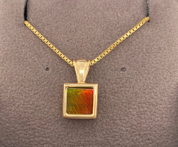 Ammolite Square Pendant with 8mm Gemstone Front View PN E20972 