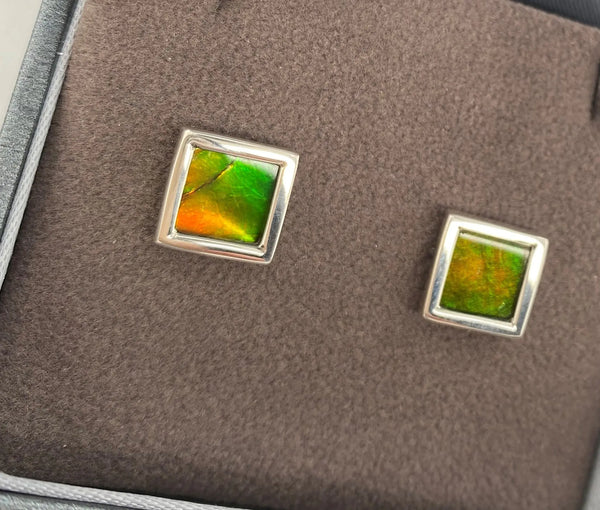 Ammolite Stud Earring Set in Silver with Square Gemstones Right View PN E21464