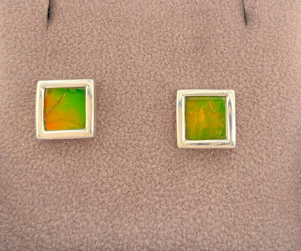 Ammolite Stud Earring Set in Silver with Square Gemstones Front View PN E21464 