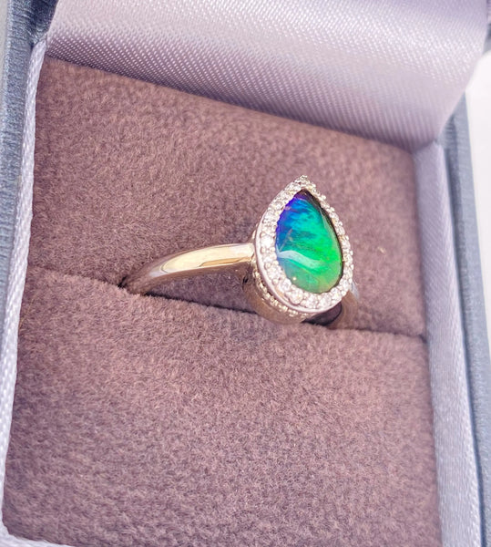 Ammolite White Gold Petite Pear Ring Right View PN E21383 