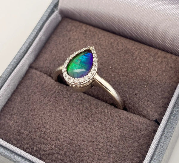 Ammolite White Gold Petite Pear Ring Left View PN E21383 