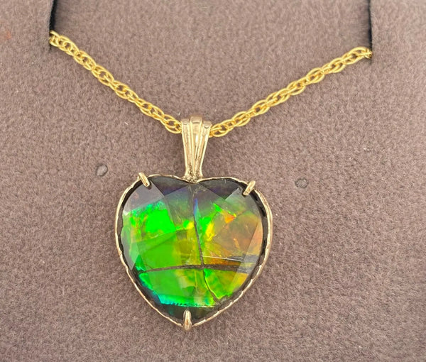 Ammolite Yellow Gold Pendant with Heart Shaped Gem PN E21402 