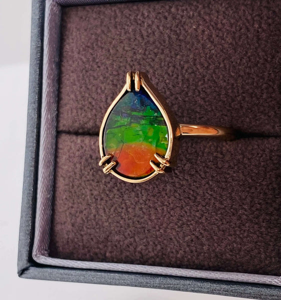 Ammolite pear-shaped Tricolor Ring in Yellow Gold PN E136R-12 