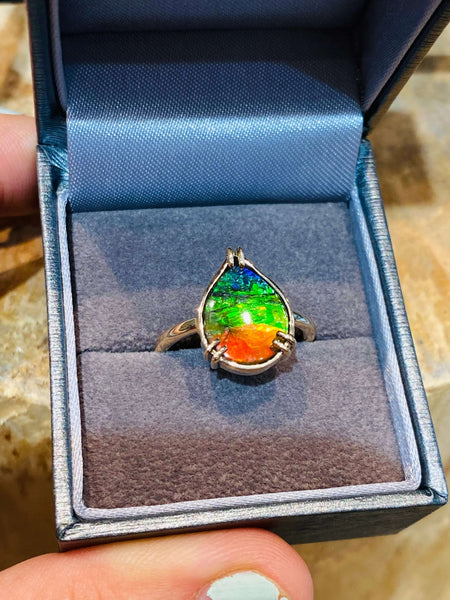 Ammolite pear-shaped Tricolor Ring in Yellow Gold Lower View PN E136R-12 