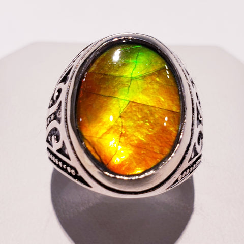 Canadian Ammolite Ring with a 10x15mm Oval Gemstone PN: AF-8N11 %product from Empire Ammolite