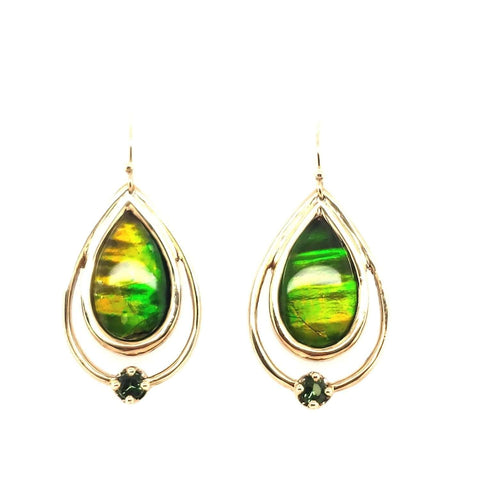 Ammolite Dangle Earrings with a Emerald Accent set in Gold  PN: E10611 %product from Empire Ammolite