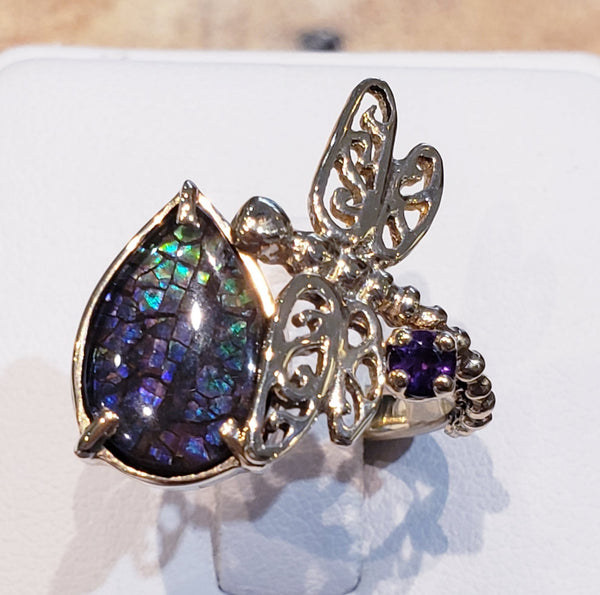 Dragonfly Ring With Ammolite And Amethyst PN. E20542 %product from Empire Ammolite