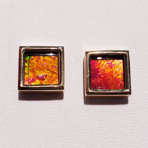 Ammolite Stud Earrings Set in Gold with 8mm Square Gems PN: E20943 %product from Empire Ammolite