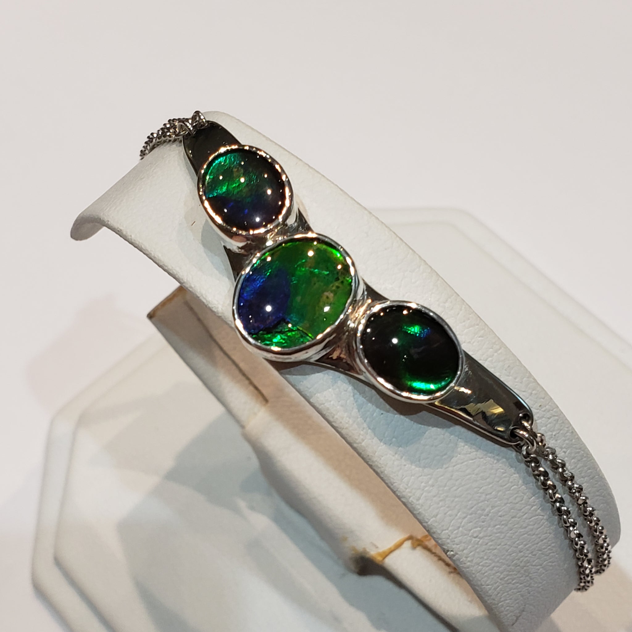 Ammolite Silver Bracelet with Three Blue and Green Gemstones PN: E21072 %product from Empire Ammolite