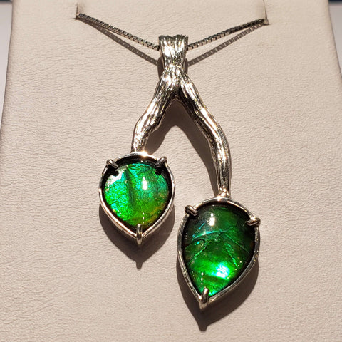 Ammolite Bright Double Green Leaf Pendant  PN: E21083 %product from Empire Ammolite