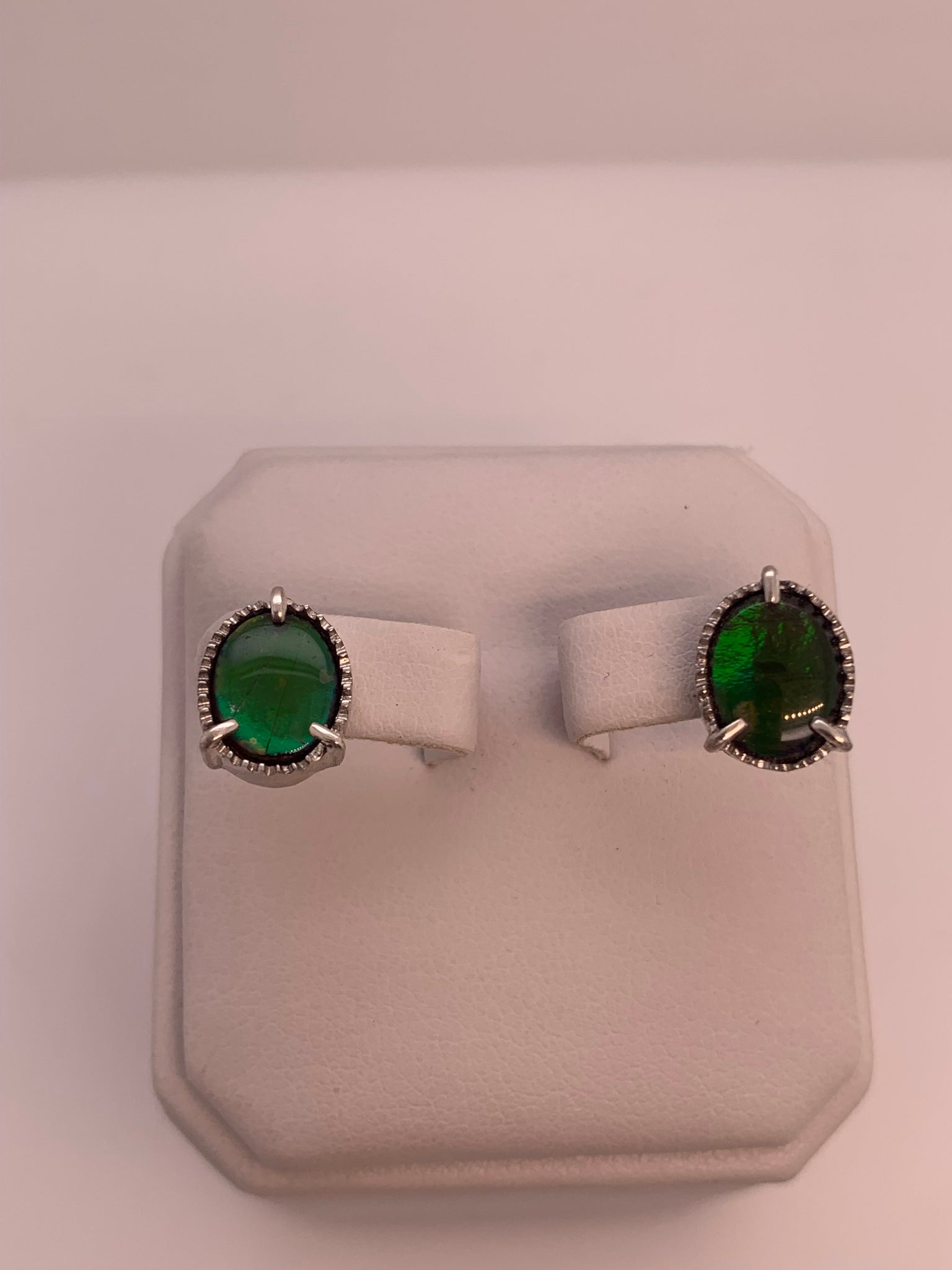 Ammolite Silver Petite Oval Earrings with Teal and Green Flash PN: E21131 %product from Empire Ammolite